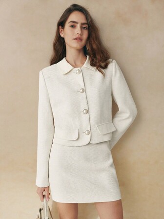 Cévolie 女士优雅通勤纯色夹克和裙子两件套