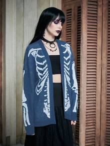 ROMWE PUNK Fashionable Skull Pattern Drop Shoulder Cardigan, Autumn/Winter - Navy Blue - View 6