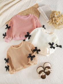 SHEIN Playful Pals New Fashion, Simple And Sweet Imitation Sweater Fabric Bow Decorative Round Neck Long-Sleeved Pullover, Suitable For Spring And Autumn, Daily Outfits, Must-Have When Fall Winter - Multicolor - View 5