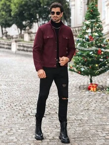 Manfinity CasualCool Manfinity CasualCool Men's Mature Casual Burgundy Woolen Stand - Collar Button - Up Jacket, Men Clothes, Men Jacket&Coats - Regular Fit With Flap Pockets, Ideal For Halloween, Christmas, Daily Outings & Date Nights, INS - Fashionable Outerwear, Perfect Gift For Boyfriends/Husbands On Anniversaries.