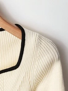 SHEIN PETITE French Elegant Square Neck Small Elastic Slim Long Sleeve Sweater, Autumn Back To School, Christmas New Year Party Graduation - Apricot - View 4