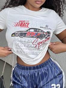 Alexandranx Camiseta feminina casual retrô com estampa de carro de corrida, gola redonda, manga curta, adequada para o verão, vintage, casual, sexy, fofa, Y2K, Coconutgirl, Boho, estilo férias - Branco - Ver 5