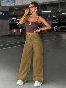 SHEIN WOMEN LOOSE LOW WAIST WIDELEG EVERYDAY CASUAL JEAN - Olive Green - View 4