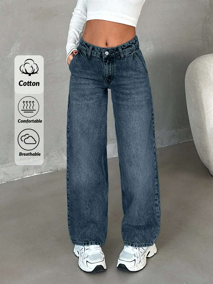 EURMUSE Jean droit taille basse avec lavage neige - Bleu gris - Voir 1