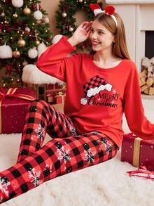 SHEIN 少女圣诞快乐帽子印花和格子雪花图案针织柔软长袖上衣和裤子宽松两件套睡衣套装 - 紅色 - 查看 3