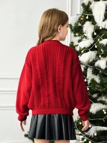 SHEIN Tween Girl Autumn/Winter Fashion Cable Knit Jacquard Crew Neck Casual Pullover Sweater, Girls Red Pullover Sweater, Red Sweater Kids, Uniform Girl Sweaters Tween, Red Sweater Teen Girl - Red - View 4