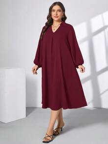 SHEIN Essnce 大码女装春夏时尚休闲宽松舒适清凉日常黑色 V 领长袖中长连衣裙、保守连衣裙、女式教堂服装、老钱风格、女式端庄服装、曲线黑色连衣裙、春季服装 - 酒紅色 - 查看 3