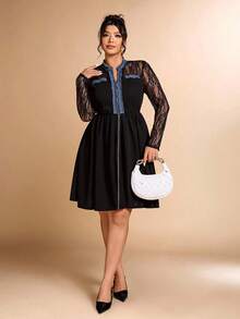 Cravure Gaun Komuter Elegan Ukuran Plus dengan Motif Renda dan Patchwork - Hitam - View 5