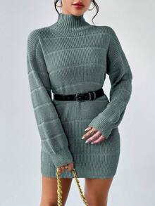 RosyDaze Váy len dệt kim họa tiết cổ cao tay dài trễ vai màu trơn dành cho nữ, mùa thu/đông - Xám - Xem 3