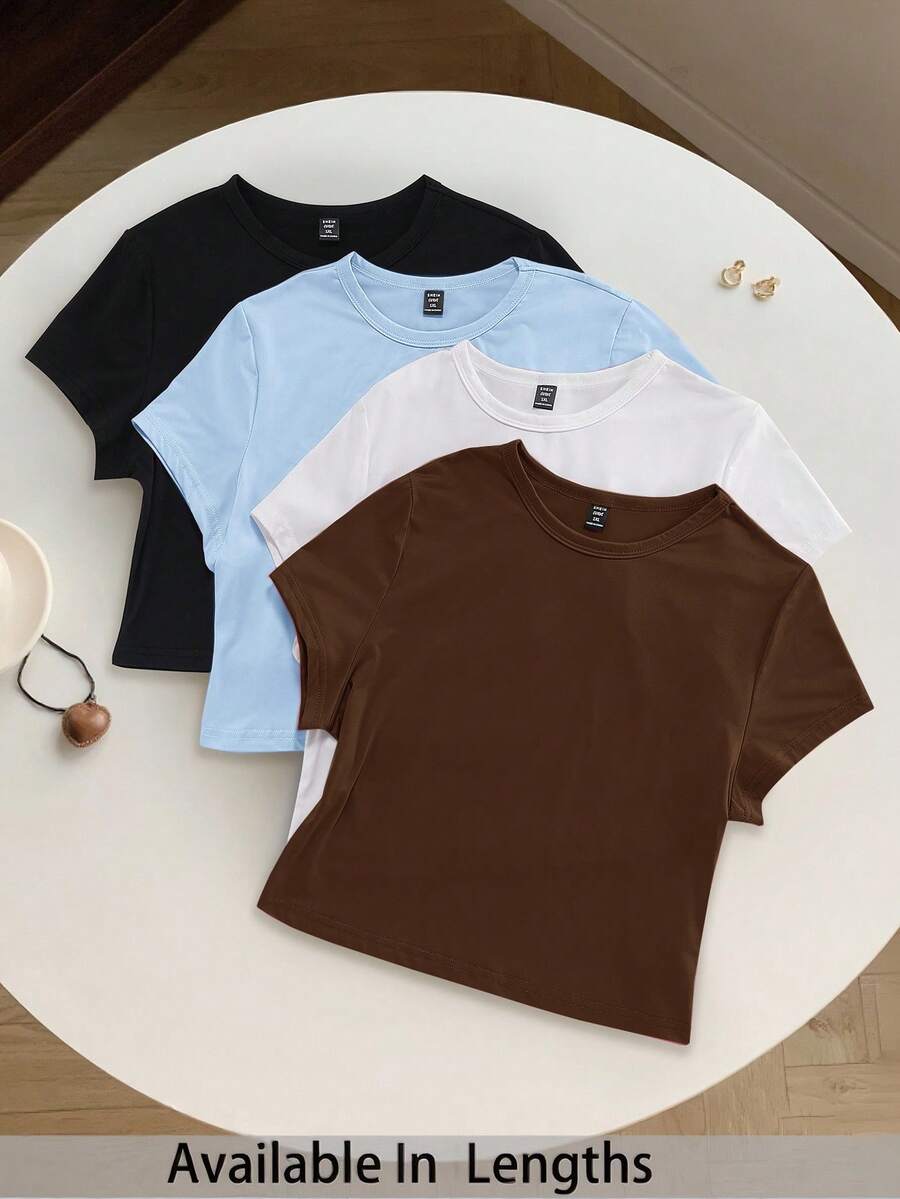 SHEIN Tall CURVE Plus Size 4-Piece Set Solid Color Cropped Round Neck Short Sleeve Fitted Women T-Shirt, Suitable For Summer - Multicolor - View 1