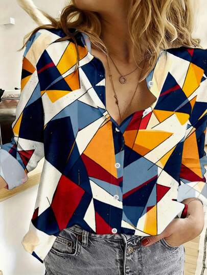 cha5rlie Artist Collaboration Striped Color-Block Geometric Contrast Print Women's Oversized Long-Sleeve Shirt Artistic Geometric Print Fashion Statement Stylish Shirt Elegant Casual Shirt Sibling Gift Sister Gift Fun Shirt Casual Minimalist Fashion Top