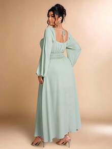 Cravure Christmas Plus Size Elegant Party Solid Color Draped Neck Side Slit Dress - Mint Green - View 2