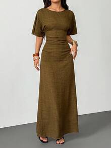 SHEIN PETITE Váy vải lanh pha trộn màu trơn thanh lịch dành cho nữ mùa hè, - xanh quân đội - Xem 2