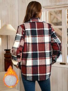 LanaWest 女式纽扣前格子印花长袖口袋休闲夹克，日常休闲女式衬衫 - 酒紅色 - 查看 3