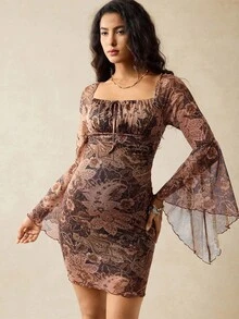 Boho Mama Vintage Floral Print Flare Sleeve Maternity Dress, Elegant For Autumn Pregnancy Photoshoot Dress Pregnant Dress Boho Maternity Dress Earth Tone Dress Sheer Dress Women  Brown  Beach Dress