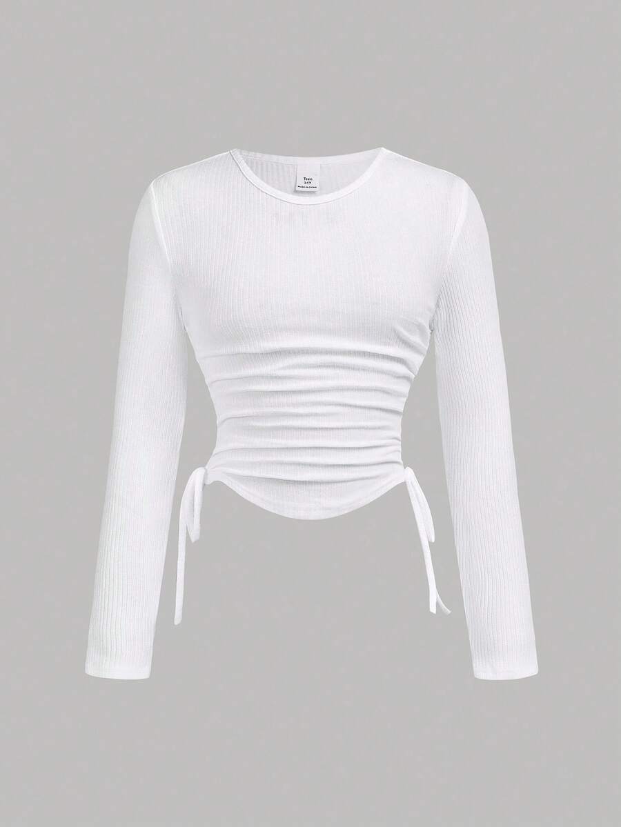 SHEIN Girlism Tween Girls' Textured Crew Neck Cinched Waist Drawstring Side T-Shirt - White - View 1