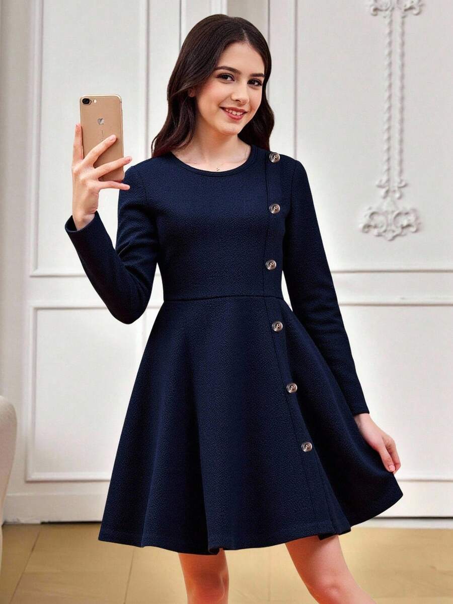 SHEIN Teen Girl Elegant Casual Round Neck Pullover Split Design Mid-Length Dress, Suitable For School, Everyday Casual Wear, Autumn/Winter