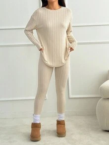 SHEIN PETITE 落肩罗纹针织T恤和紧身裤纹理面料两件套