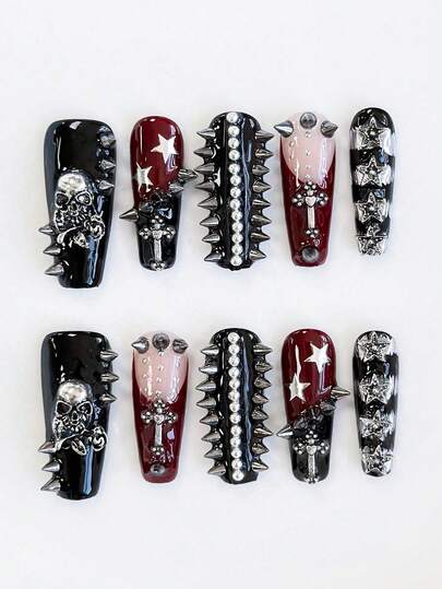Goth 10 pezzi di unghie finte di alta qualità con scheletro gotico e borchie + 3 nastri biadesivi, manicure gotica punk Y2K, adesivi per unghie staccabili bicolore dipinti a mano, adatti per festival, feste, balli e uso quotidiano, Ognissanti