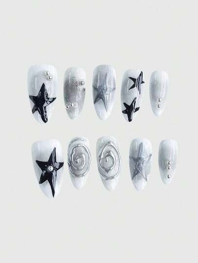 Goth 10pcs Punk Style Unique And Unconventional 5-Pointed Star Screw Nail Art Decorations With 3pcs Self-Adhesive Double-Sided Tape