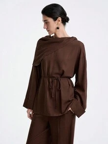 Aalyst 2 Stücke Damen Bluse aus Bambusfaser mit abnehmbarem Schal-Kragen und Fledermausärmeln, Taillenschleife und gerade geschnittene Lässig Hose, elegante Büro-/Lässig Kleidung, Vintage-/Minimalistische Optik, geeignet für Thanksgiving, Nachmittagstee, Partys, Schulbeginn, Frühling/Herbst - Kaffeebraun - Übersicht 3