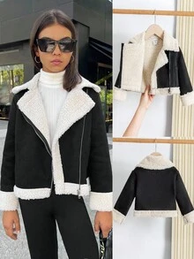 SHEIN Tween Girls' Black & White Contrast Faux Fur Suede Jacket, Casual Chic Everyday Fashion Autumn Winter Clothes Girlomen - Black - View 3