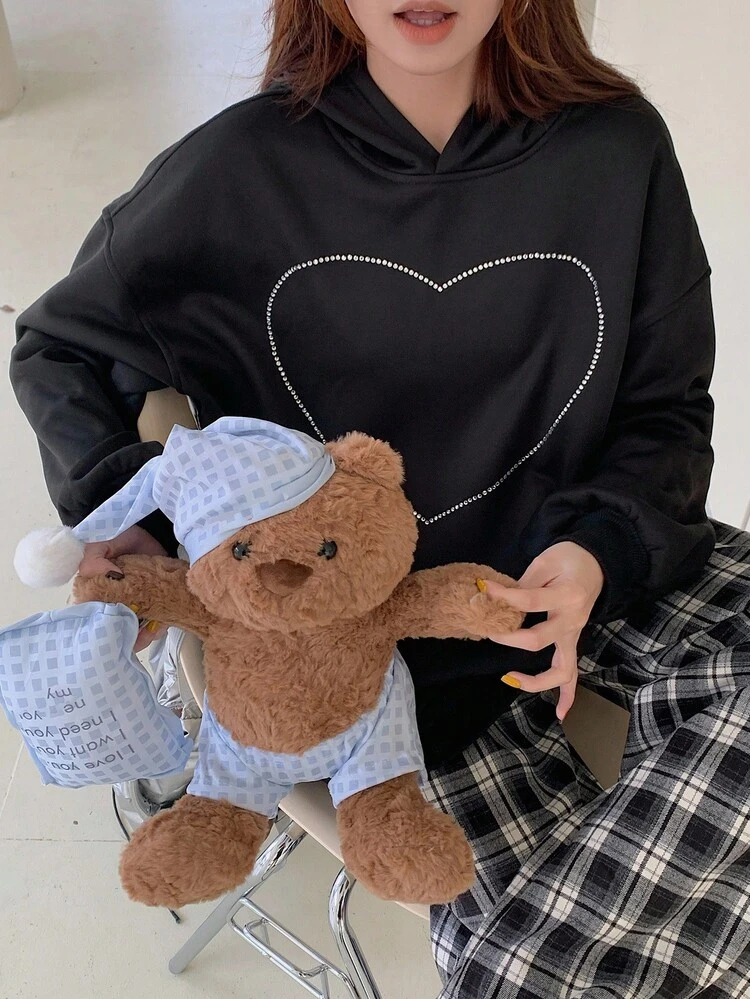 Autumn/Winter Loose Casual Street Style Office Wear Sweatshirt, Shiny Rhinestone Heart Pattern Fashion Sweatshirt For Women