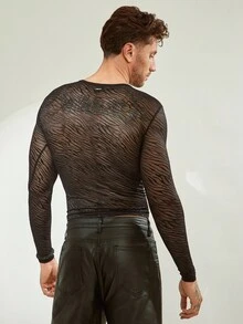 FeverCity Áo thun nam cổ tròn lưới mỏng ôm vừa vặn co giãn tay dài, mùa thu - màu đen - Xem 2