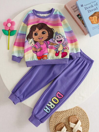 DORA | SHEIN 2pcs/Set Young Girl Rainbow Dora Monkey Cartoon Graphic Print Crew Neck Long Sleeve Sweatshirt & Letter Sweatpants, Casual Outdoor Sports Loose Knit Tracksuit