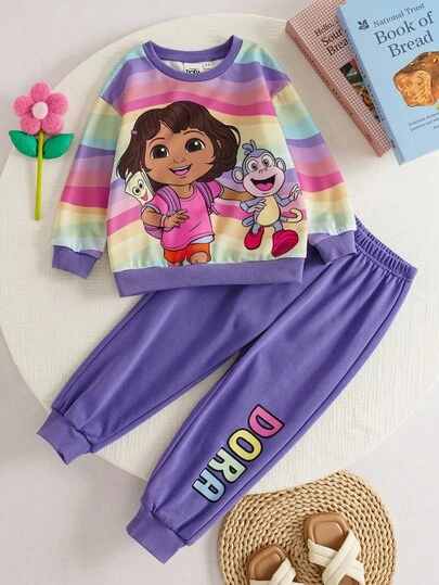 DORA | SHEIN 2pcs/Set Young Girl Rainbow Dora Monkey Cartoon Graphic Print Crew Neck Long Sleeve Sweatshirt & Letter Sweatpants, Casual Outdoor Sports Loose Knit Tracksuit