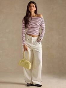 SHEIN BAE 女式条纹不对称肩长袖收腰短款时尚T恤 - 紅色 - 查看 2