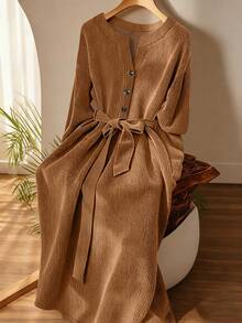 GlowEve Women's Casual Solid Color Belted Long Dress, Autumn - Brown - View 1