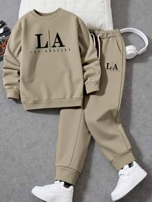 Manfinity Homme Men's Letter Print Crew Neck Long Sleeve Sweatshirt And Drawstring Waist Sweatpants Set, Fall Clothes