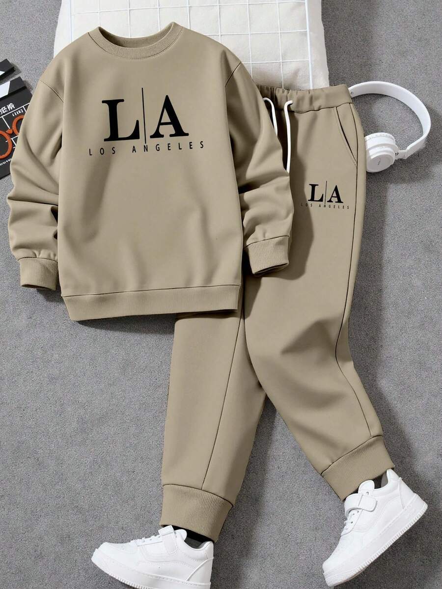 Manfinity Homme Men's Letter Print Crew Neck Long Sleeve Sweatshirt And Drawstring Waist Sweatpants Set, Fall Clothes