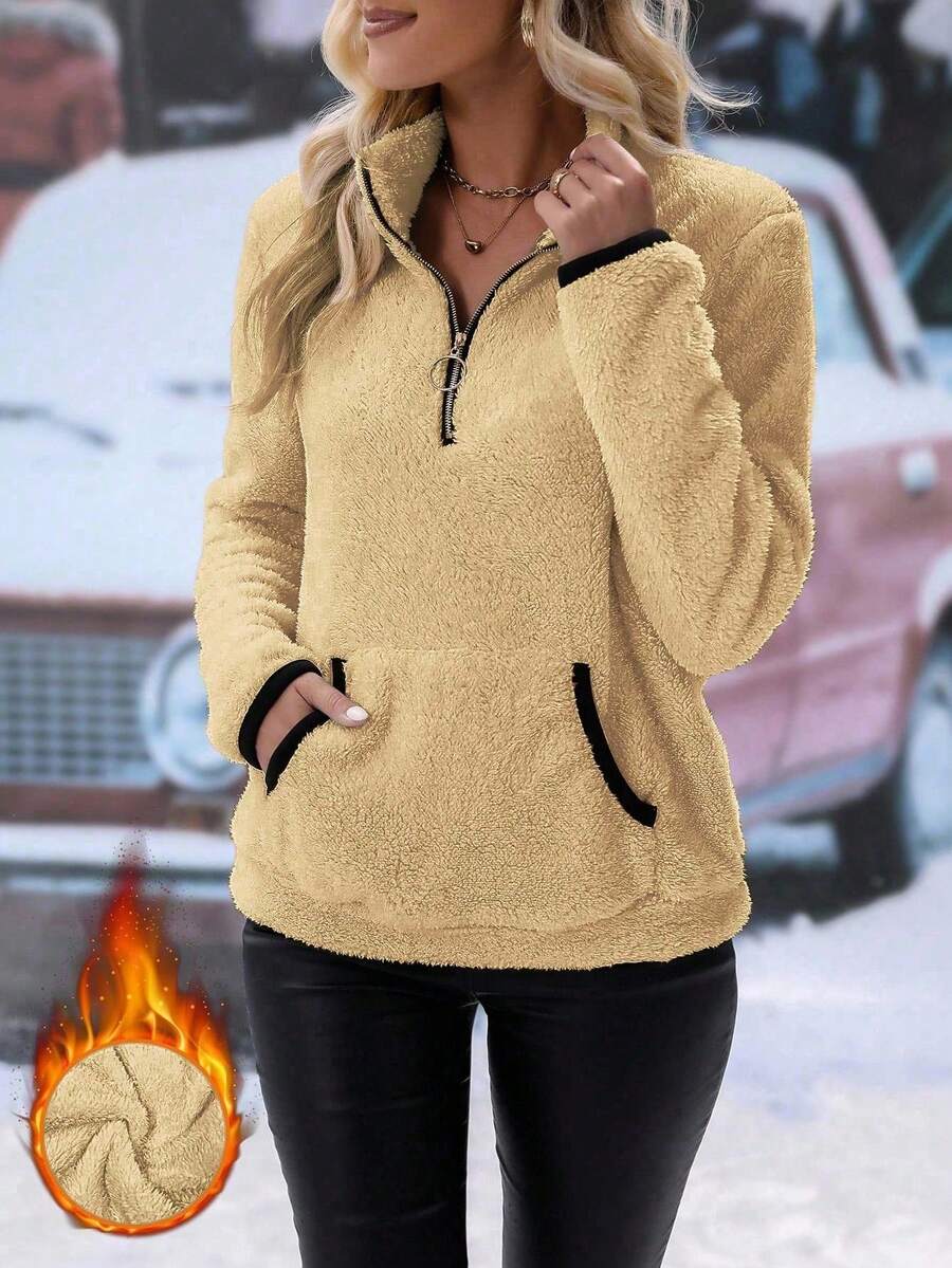 SHEIN LUNE Women's Casual Stand Collar Warm Sweatshirt, Autumn/Winter - Khaki - View 1