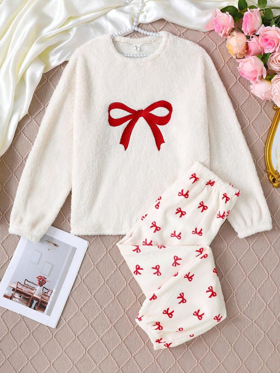 SHEIN 青少年女孩休闲宽松舒适圆领套头蝴蝶图案羊毛睡衣