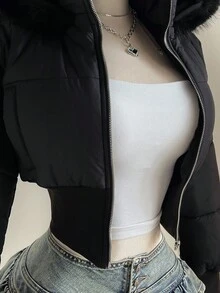 Elamini 女士时尚杏色复古拼接短款皮草连帽束腰立领长袖短款棉服外套，适合秋冬季