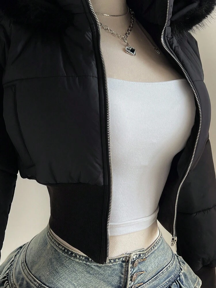 Elamini Abrigo corto acolchado con capucha de piel, cuello alto, manga larga y cintura ceñida, en estilo vintage de retazos en color albaricoque, adecuado para otoño/invierno - Negro - Añade 6