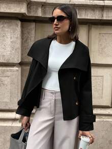 Aloruh 女士休闲纯色翻领短款风衣，咖啡棕色秋冬女装 - 黑色 - 查看 2