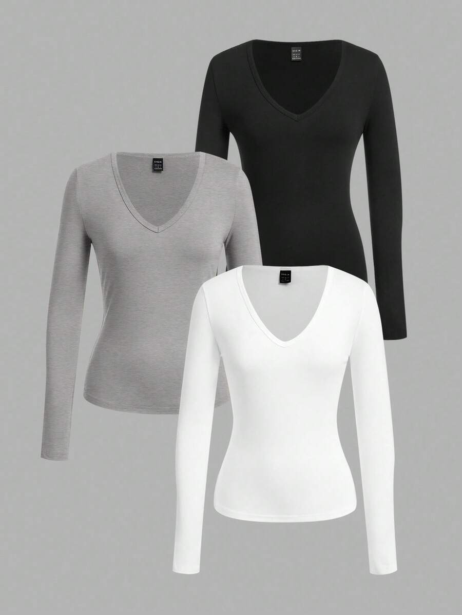 SHEIN EZwear 3 件女式深 V 领紧身休闲长袖 T 恤套装,黑色、灰色、白色,秋冬 - 彩色 - 查看 1