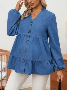 SHEIN Maternity Solid Color Notched Neck Ruffle Hem Long Sleeve Denim Blouse - Blue - View 5