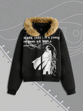 Black Jack X ROMWE Felpa con cappuccio, chiusura lampo e maniche lunghe da uomo, con grafica a figura, patch in pelliccia ecologica, adatta per l'autunno e l'inverno