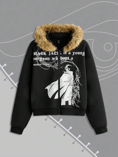 Black Jack X ROMWE Men's Figure Graphic Faux Fur Patchwork Hooded Zip-Up Long Sleeve Sweatshirt , Fall Winter
