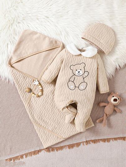 SHEIN 3pcs/Set Newborn Baby Outfit, Autumn/Winter, Unisex, Jumpsuit With Knitted Collar, Padded, Embroidered Bow Decor, Long Sleeve, Footed Pants, Includes Blanket & Hat, Casual & Simple
