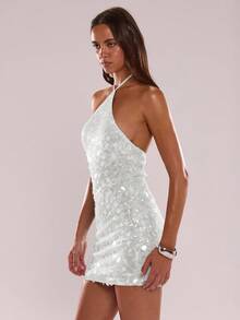 SHEIN BAE Damen Einfarbiges Pailletten Glamour Mode Neckholder Mini Kleid