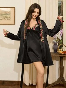 Côtesoire 2件套女士优雅吊带连衣裙和系带睡袍睡衣套装，秋冬服装 - 黑色 - 查看 6