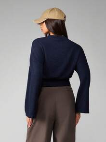 MISSGUIDED Bell Sleeve Ribbed Knit Mock Neck Sweater Cropped Winter Casual Fashion Pullover Long Sleeves Fitted Cozy Autumn Essential Jumper Textured - Navy Blue - View 2