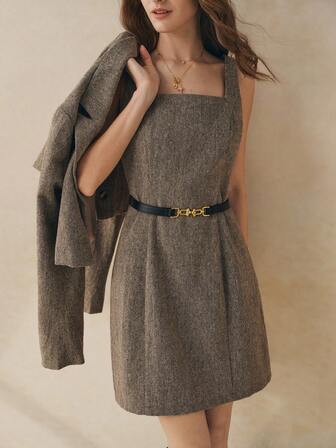 Cévolie 女士时尚纯色两件套：羊毛混纺长袖夹克和修身无袖连衣裙