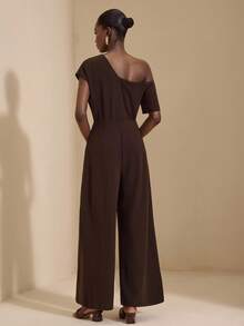JIAN LASALA Women Asymmetric Coffee Brown One-Shoulder Short Sleeves Wide-Legs Solid Elegant Jumpsuit Autumn Casual Wear Party Outfits For Women Luxury Stylish Clothing Collection