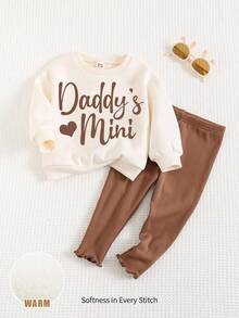 Cozy Pixies 2pcs Baby Girl Bowknot Round Neck Drop Shoulder Sweatshirt And Leggings Set Daddy Girl Outfit Daddy Baby Clothes Baby Girl Warm Outfits Mocha Baby Clothes Daddys Mini Baby Outfit Christmas - Multicolor - View 3